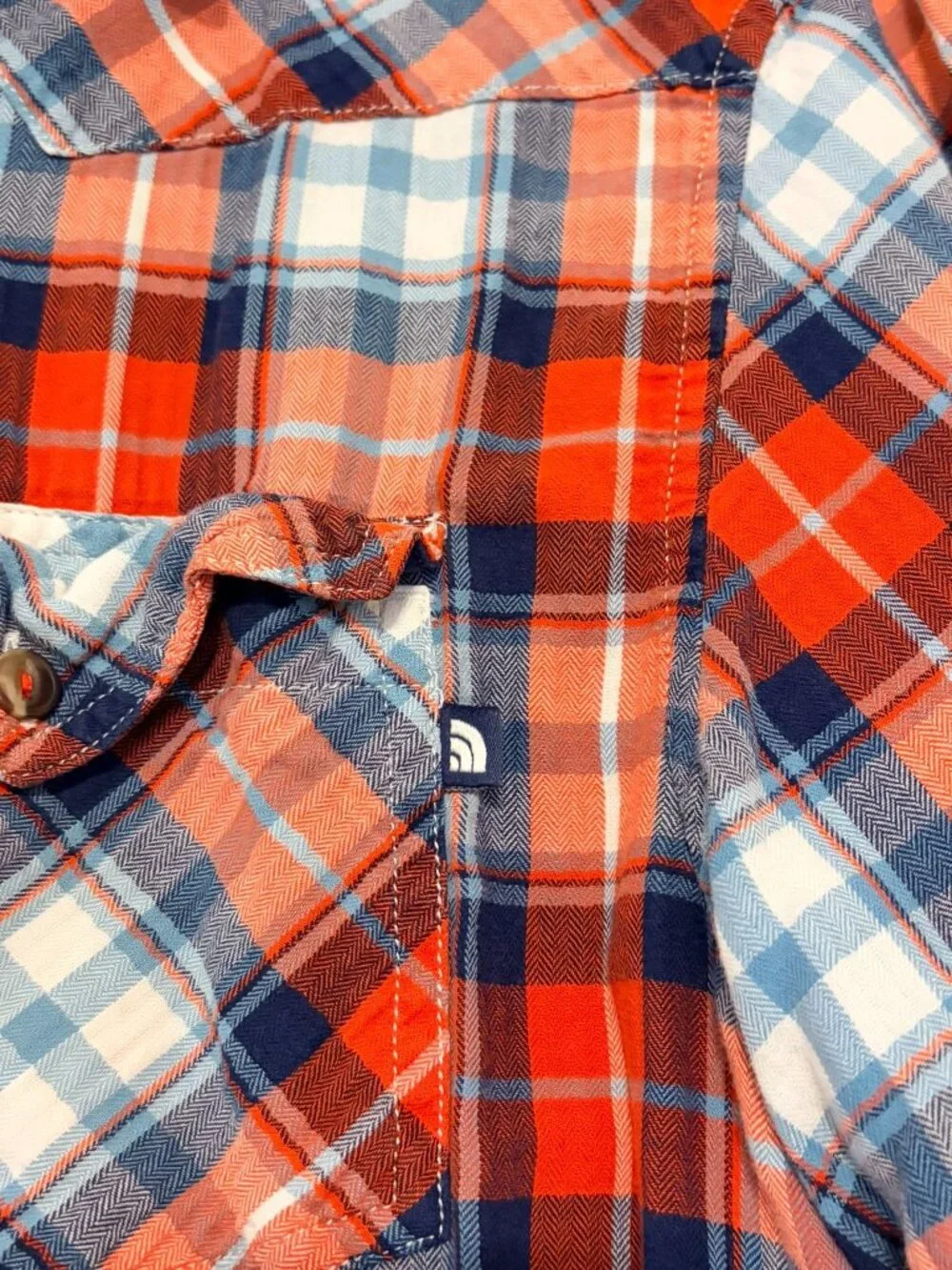 Men's Orange Blue Plaid The North Face Button Down Short Sleeve Shirt Sz Medium